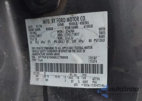 2006 Ford F-250 Xl/Xlt z USA, uszkodzony, nr VIN 1FTNF21506EC78905